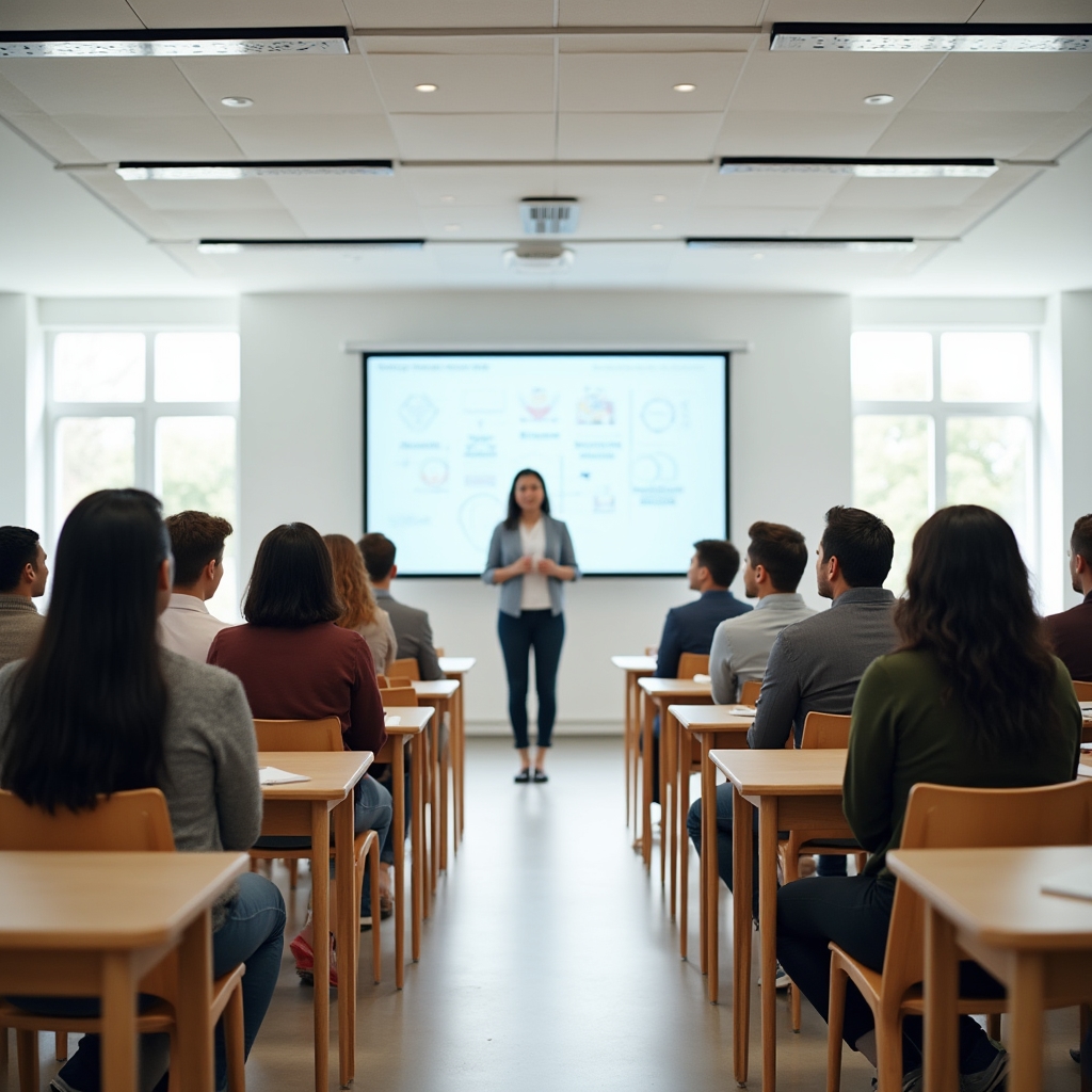 Participanți la un curs urmărind un ecran cu grafice explicative